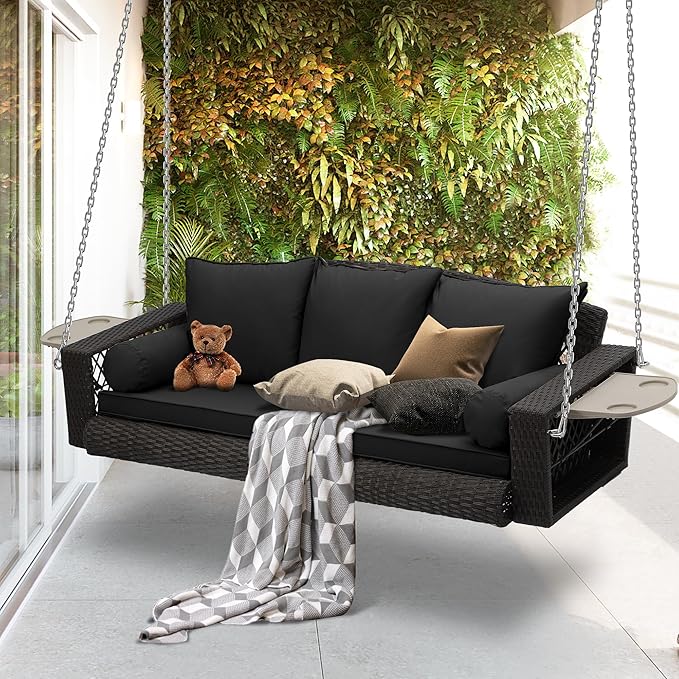 Outdoor Wicker Patio Porch Swing - 3 Person Swing Outdoor Hanging Porch Swing Seat Bench with Chains for Yard, Deck, Garden (Brown Rattan Black Cushion)