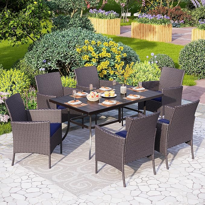 PHI VILLA 7 Piece Outdoor Dining Set for 6, Rectangular Wrought Iron Dining Table with Umbrella Hole & Cushioned Rattan Wicker Chairs for Patio, Deck, Yard, Porch