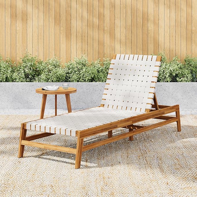 Christopher Knight Home Susua Rope Chaise Lounge with Acacia Wood Frame, Adjustable Backrest Single Lounge Sofa, Patio Sun Lounger Recliner Chair for Poolside Backyard, Teak + White