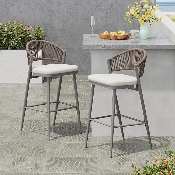 Christopher Knight Home Hearth 30.25" H Patio Barstools Set of 2, Woven Wicker Counter Stool, PE Rattan Scallop-Shaped Backrest Bar Chair, Metal Frame Barstool for Backyard Balcony Garden, Gray