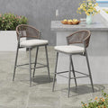 Christopher Knight Home Hearth 30.25" H Patio Barstools Set of 2, Woven Wicker Counter Stool, PE Rattan Scallop-Shaped Backrest Bar Chair, Metal Frame Barstool for Backyard Balcony Garden, Gray