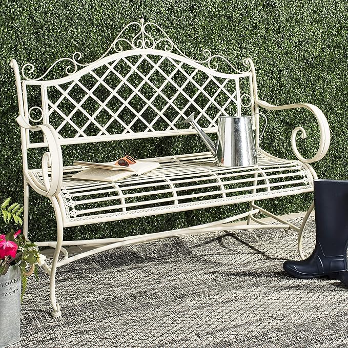 Safavieh PAT5017A Collection Adina Antique White Wrought Iron 51.25" Outdoor Garden Bench