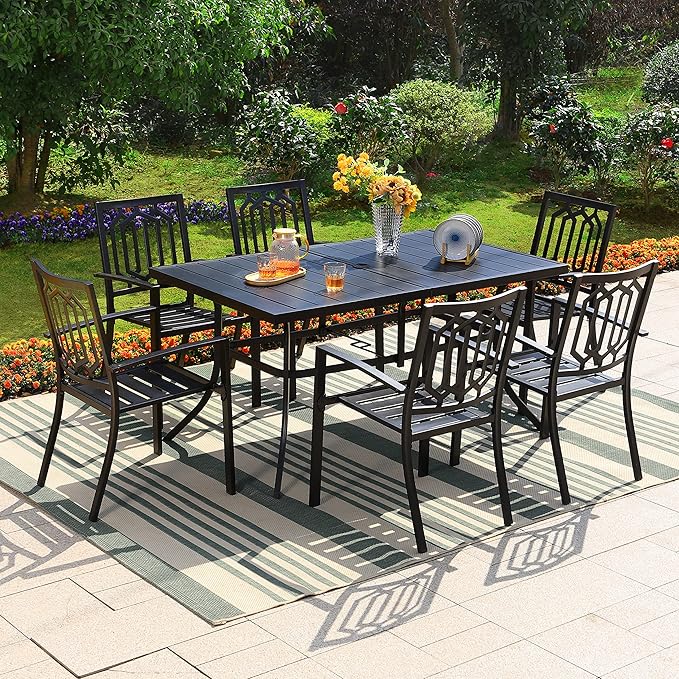 PHI VILLA 7 Piece Outdoor Dining Set for 6, 60” Rectangular Black Metal Table with Umbrella Hole & Stacking Wrought Iron Chairs, Outside Furniture Set for Patio, Deck, Backyard, Porch