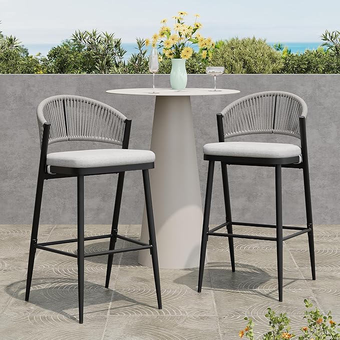 Christopher Knight Home Hearth 30.25" H Patio Barstools Set of 2, Woven Wicker Counter Stool, PE Rattan Scallop-Shaped Backrest Bar Chair, Metal Frame Barstool for Backyard Balcony Garden, Black