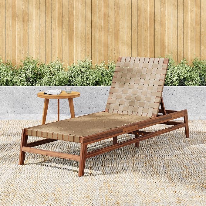 Christopher Knight Home Susua Rope Chaise Lounge with Acacia Wood Frame, Adjustable Backrest Single Lounge Sofa, Patio Sun Lounger Recliner Chair for Poolside Backyard, Light Brown + Mocha