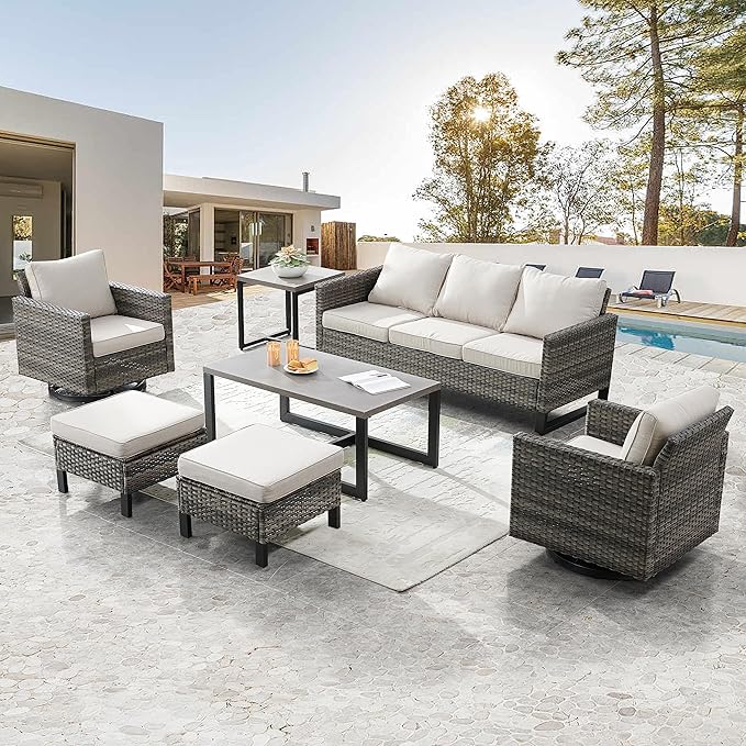 Belord 7 PCS Outdoor Furniture Set, Mixed Grey Wicker, Beige Cushion, Includes Swivel Rocker Chairs, Sofa, Ottomans, Water-Resistant