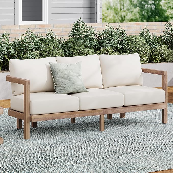 Christopher Knight Home Havets 74.75"W Outdoor 3 Seater Sofa, 6" Thick Cushion Couch, Acacia Wood Bench Sofa, Slats Panel Open Back, Spacious Seating Bench Couch for Backyard Garden Porch, Brown+Beige