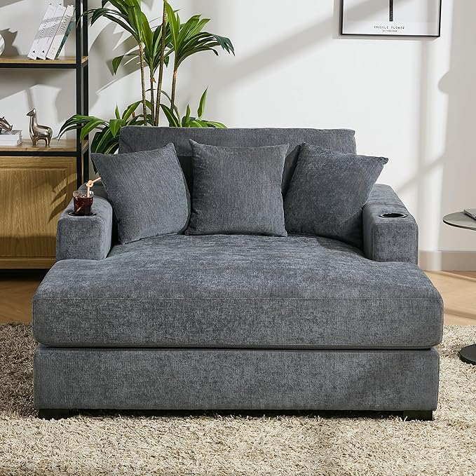 Merax Modern Upholstered Indoor Chaise Lounge with Pillows, Charge Station & Cup Holders, Single Sofa Couch with Armrest and Soild Wood Legs, Blue Gray