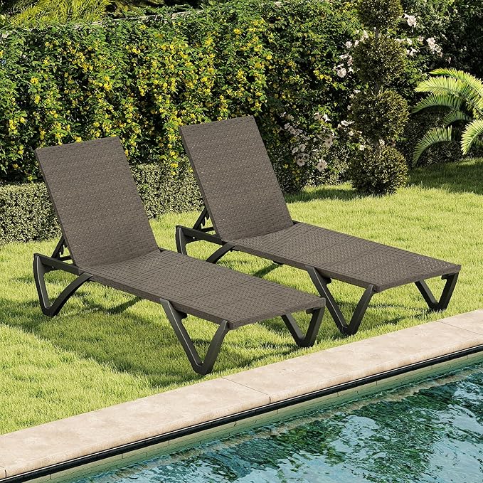 Domi Pool Lounge Chairs Set of 2, Wicker Adjustable Outdoor Chaise Lounge with Wheels, All Weather Poolside Chairs for Deck Lawn Patio Backyard