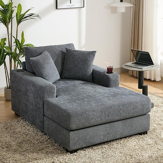 Merax Modern 43.5" Chaise Lounge with Pillow Charge Station & Cup Holders,Upholstered Sofa Recliner Chair for Living Room Bedroom Blue Gray
