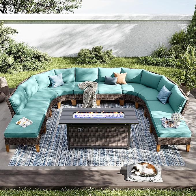 PHI VILLA 9-Piece Half Moon Patio Furniture Set with 56" Fire Pit Table, Outdoor Wicker Sectional Sofa with Aqua Blue Cushions, 2 Ottomans, Large Curved Conversation Seating for Garden or Backyard