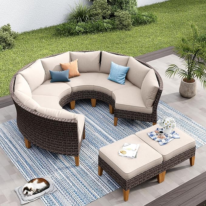 PHI VILLA 4-Piece Curved Patio Furniture Set, Half-Moon Wicker Sectional Furniture Sofa Set for 8 Seats with Cushioned 3 x Curved Sectionals and 2 x Ottoman, Beige
