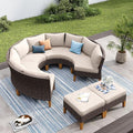 PHI VILLA 4-Piece Curved Patio Furniture Set, Half-Moon Wicker Sectional Furniture Sofa Set for 8 Seats with Cushioned 3 x Curved Sectionals and 2 x Ottoman, Beige