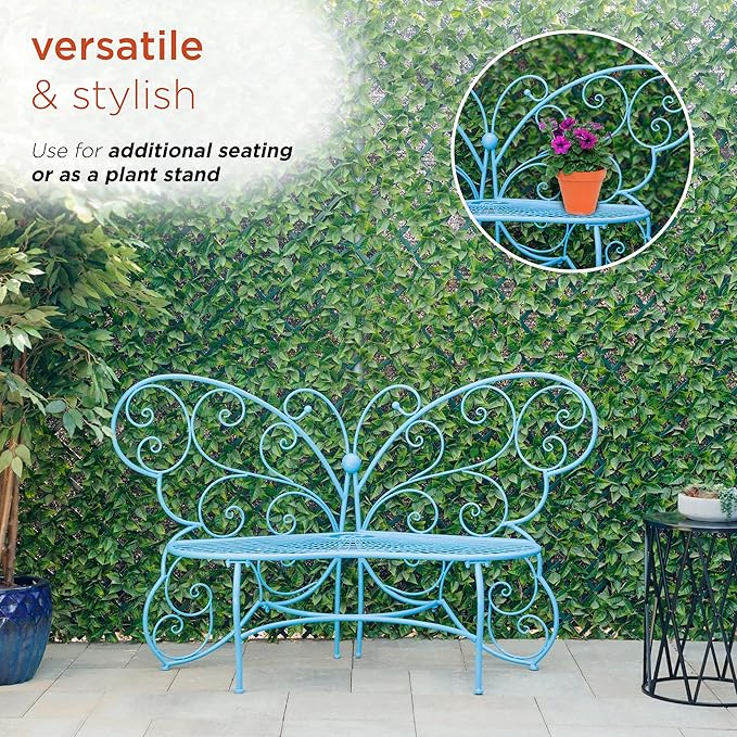 Alpine Corporation BAZ400BL Indoor Outdoor Metal Butterfly Shaped Garden Bench, 62" Long, Blue