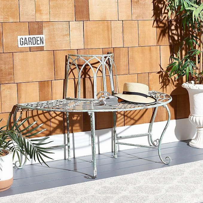 SAFAVIEH Outdoor Furniture Collection – Abia Antique Dark Green Distressed Wrought Iron 50-Inch Curved Tree Bench, Garden & Patio Seating (PAT5018D)