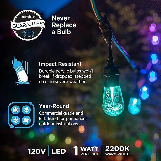 Enbrighten Vintage Outdoor String Lights, 24ft, 12 RGB Acrylic Bulbs, Weatherproof, RF Remote Control, Perfect for Holidays, Gameday, Parties, and More, 37791