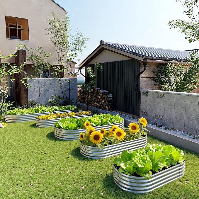 2PCS 12x2x1FT Galvanized Raised Garden Bed Kit,Vegetable Boxes-Oval Metal Flower Box,Large Planter Raised Beds Outdoor Garden for Planting,Fruit,Herb-Silver