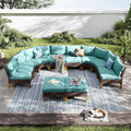 PHI VILLA 8-Piece Half-Moon Patio Furniture Set, Outdoor Wicker Sectional Sofa with Thick Aqua Blue Cushions, 2 Ottomans, Large Curved Conversation Seating for Garden or Backyard