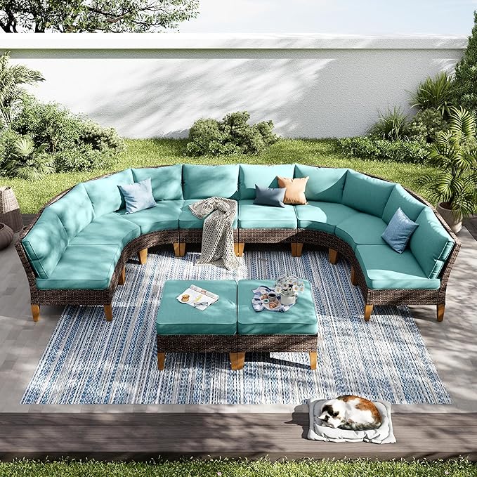 PHI VILLA 8-Piece Half-Moon Patio Furniture Set, Outdoor Wicker Sectional Sofa with Thick Aqua Blue Cushions, 2 Ottomans, Large Curved Conversation Seating for Garden or Backyard