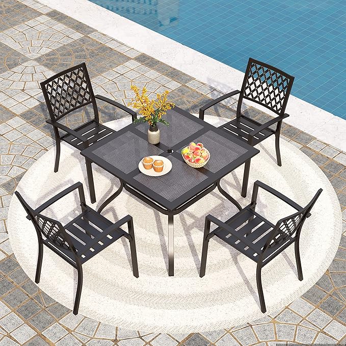 PHI VILLA 5 Pieces Outdoor Dining Set for 4, 37" Black Square Wrought Iron Table with Mesh Top & Stackable Metal Steel Chairs, Outside Furniture Set for Patio, Deck, Backyard, Porch