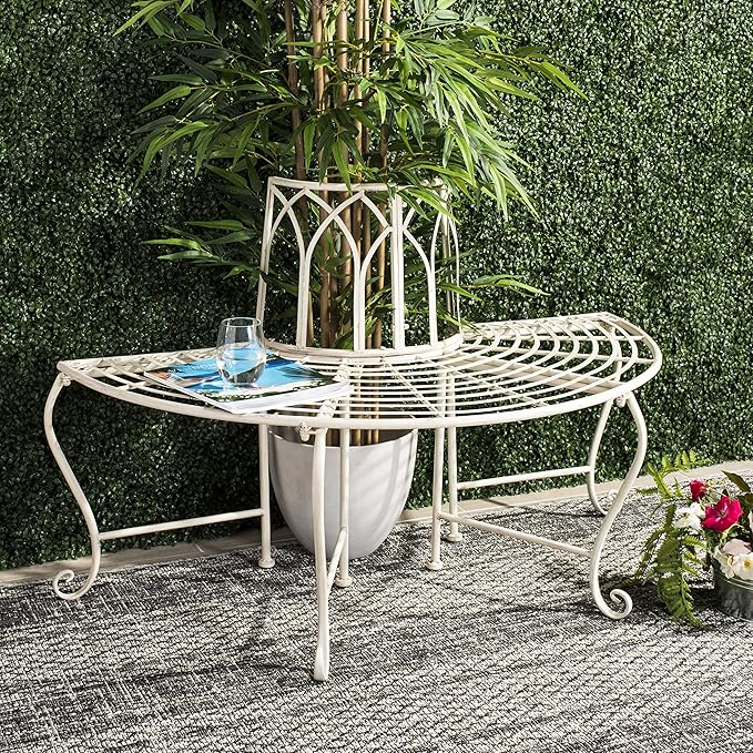 SAFAVIEH Outdoor Furniture Collection – Abia Antique White Distressed Wrought Iron 50-Inch Curved Tree Bench, Garden & Patio Seating (PAT5018A)