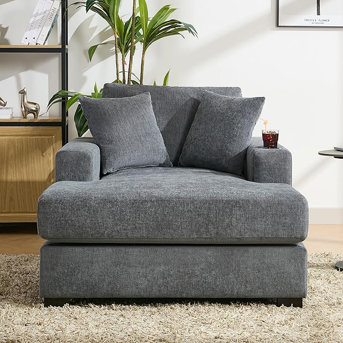Merax Modern 43.5" Chaise Lounge with Pillow Charge Station & Cup Holders,Upholstered Sofa Recliner Chair for Living Room Bedroom Blue Gray