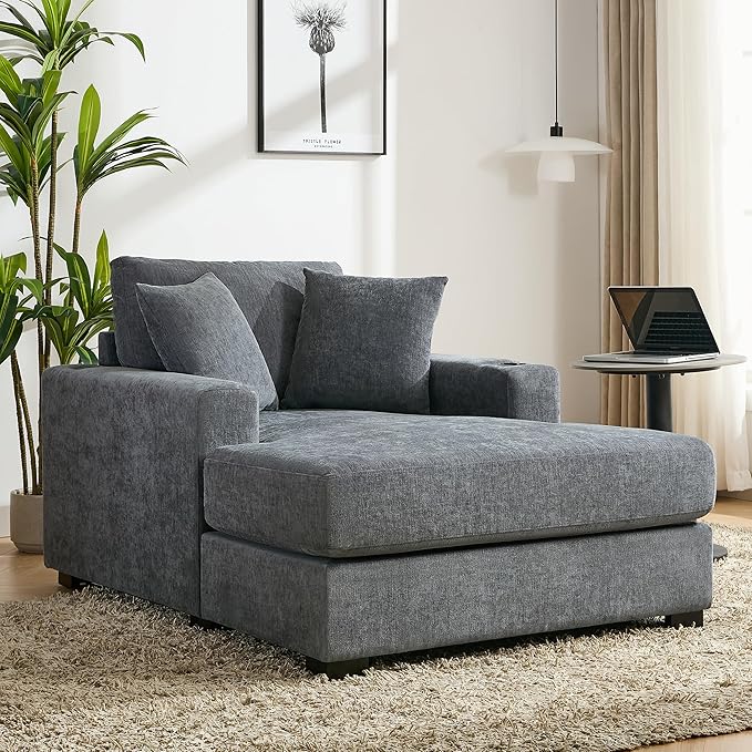 Merax Modern 43.5" Chaise Lounge with Pillow Charge Station & Cup Holders,Upholstered Sofa Recliner Chair for Living Room Bedroom Blue Gray