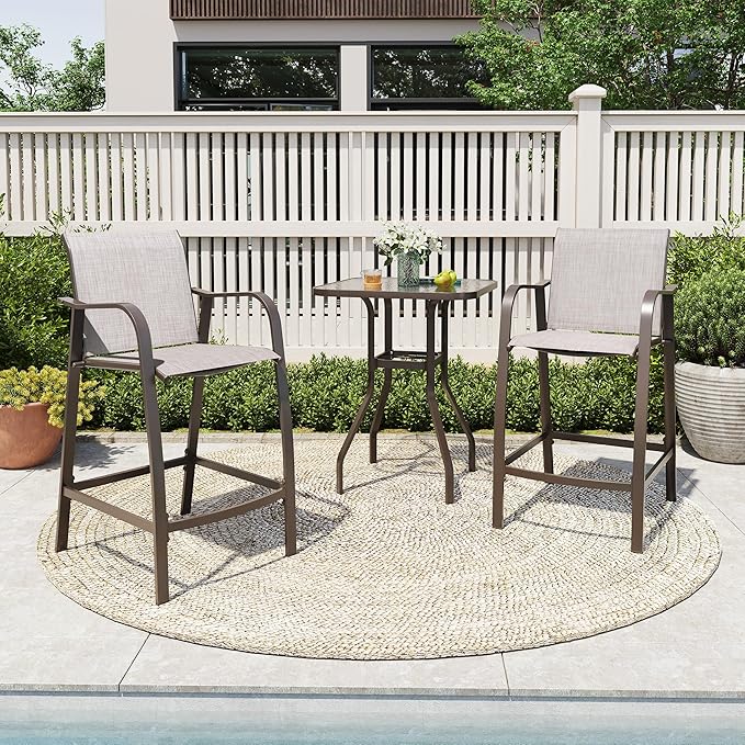 Crestlive Products Outdoor Bar Stools Set of 2, Counter Height Bar Stool All-Weather Patio Furniture with Armrests, Patio Aluminum Bar Stools for Garden Backyard Lawn, 27.5'' Seat Height (Beige)