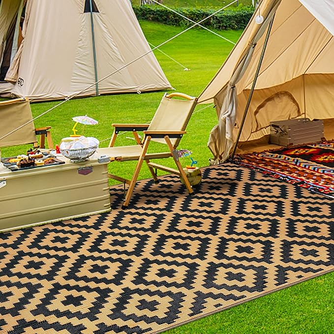 SAND MINE Reversible Mats, Plastic Straw Rug, Modern Area Rug, Large Floor Mat and Rug for Outdoors, RV, Patio, Backyard, Deck, Picnic, Beach, Trailer, Camping, Black & Brown, 6' x 9'