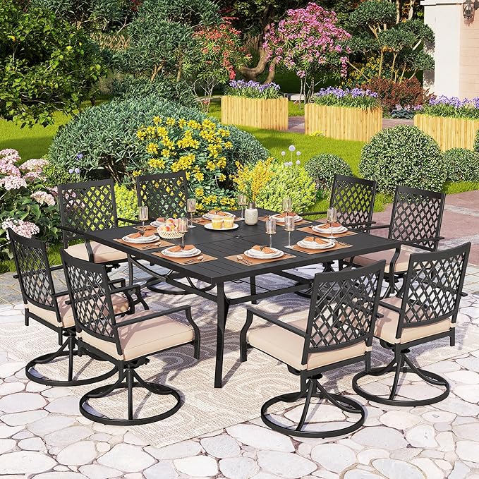 PHI VILLA 9 Pieces Outdoor Dining Set for 8, 60" Black Square Metal Table with Umbrella Hole & Swivel Wrought Iron Chairs with Cushions, Large Outside Furniture Set for Patio, Deck, Yard, Porch