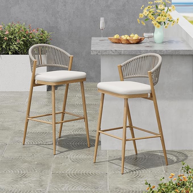 Christopher Knight Home Hearth 30.25" Patio Barstools Set of 2, Woven Wicker Counter Stool, Aluminum Frame Barstool, PE Rattan Scallop-Shape Backrest Woodlike Stool for Backyard Balcony, Maple