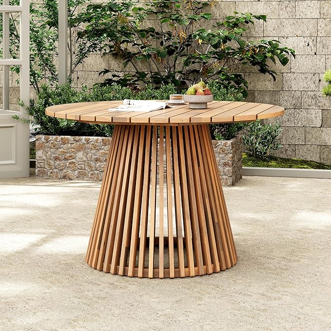 Merax Outdoor Dining Table 47.25" Round Extra-Large Acacia Wood Patio Dining Table for Backyard Lawn Balcony, Aesthetic Slat Base Design, Light Teak