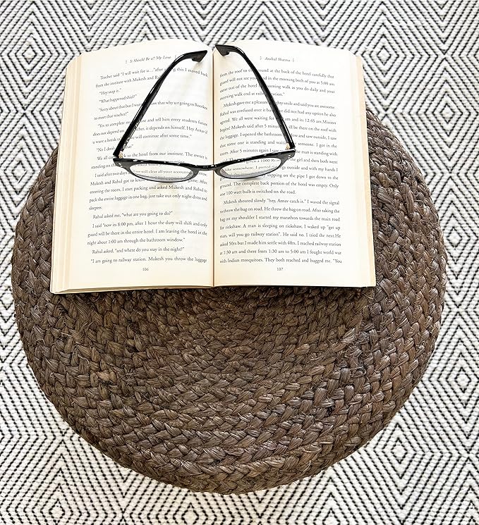 S & L Homes Pouf Ottoman - 100% Jute Braided Footrest Pouf Hand Knitted Traditional Cord Boho Pouffe for Living Room, Bedroom, Nursery, Patio, Lounge Colorblock - Natural Brown (16”x16”x16”)