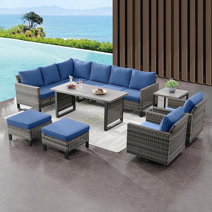 Belord Outdoor Sectional Sofa 6 Seater L Shaped Couch Wicker Patio Conversation Furniture Set with Tree-Grain Finish Metal Dining Table, Rattan Outdoor Furniture with Removable Washable Cushion Blue