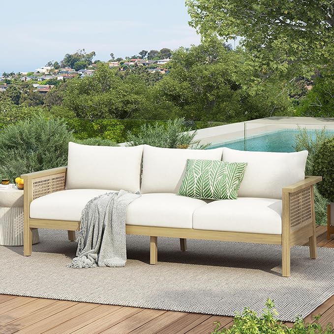 Christopher Knight Home Teras Acacia Wood Outdoor 3 Seater Sofa with PE Wicker Armrest, Solid Wood Patio Sofa with Removable Cushion, Comfy Lounge Sofa for Patio Furniture Set, Light Teak+Beige