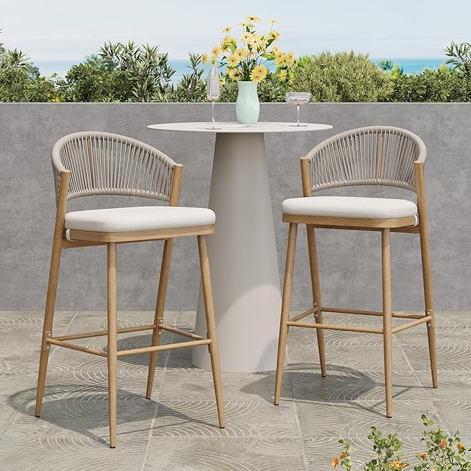 Christopher Knight Home Hearth 30.25" Patio Barstools Set of 2, Woven Wicker Counter Stool, Aluminum Frame Barstool, PE Rattan Scallop-Shape Backrest Woodlike Stool for Backyard Balcony, Maple