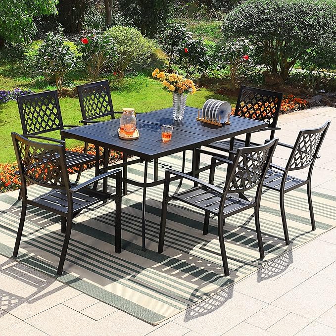 PHI VILLA 7 Piece Outdoor Dining Set for 6, 60” Rectangular Black Metal Table with Umbrella Hole & Stacking Wrought Iron Chairs, Large Outside Furniture Set for Patio, Deck, Porch, Backyard