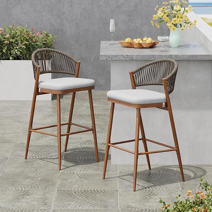Christopher Knight Home Hearth 30.25" Patio Barstools Set of 2, Woven Wicker Counter Stool, Aluminum Frame Barstool, PE Rattan Scallop-Shape Backrest Woodlike Stool for Backyard Balcony Garden, Teak