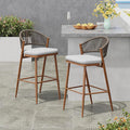 Christopher Knight Home Hearth 30.25" Patio Barstools Set of 2, Woven Wicker Counter Stool, Aluminum Frame Barstool, PE Rattan Scallop-Shape Backrest Woodlike Stool for Backyard Balcony Garden, Teak