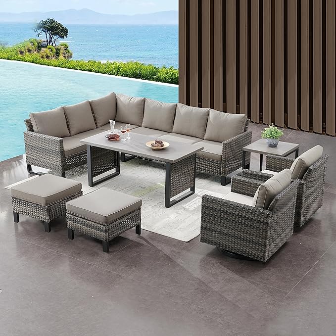 Belord Outdoor Sectional Sofa 6 Seater L Shaped Couch Wicker Patio Conversation Furniture Set Rattan Outdoor Furniture with Removable Washable Cushion Grey