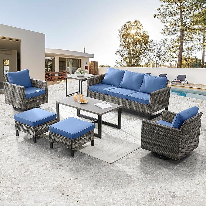 Belord 7 Piece Outdoor Furniture Patio Wicker Sofa Set, Oversize Outdoor Swivel Rocker Chairs with Rattan Ottomans, Conversation Sets Patio Furniture Come with Removable Washable Cushion Blue