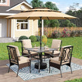 PHI VILLA 6 PCS Outdoor Dining Sets, All-Weather Square Patio Table and Chairs Set for 4 with Umbrella, Heavy Duty Patio Table Set for Deck, 4 Large Outdoor Metal Wicker Dining Chairs with Cushions