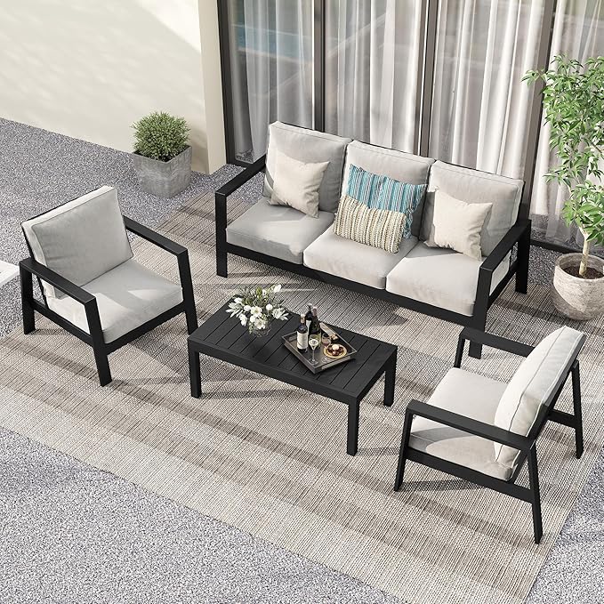 Wisteria Lane Aluminum Outdoor Coffee Table, Water-Resistant Metal Patio Side Table with Slatted Top, Modern Rectangular Outdoor Coffee Tables for Deck Porch Garden Poolside, Black