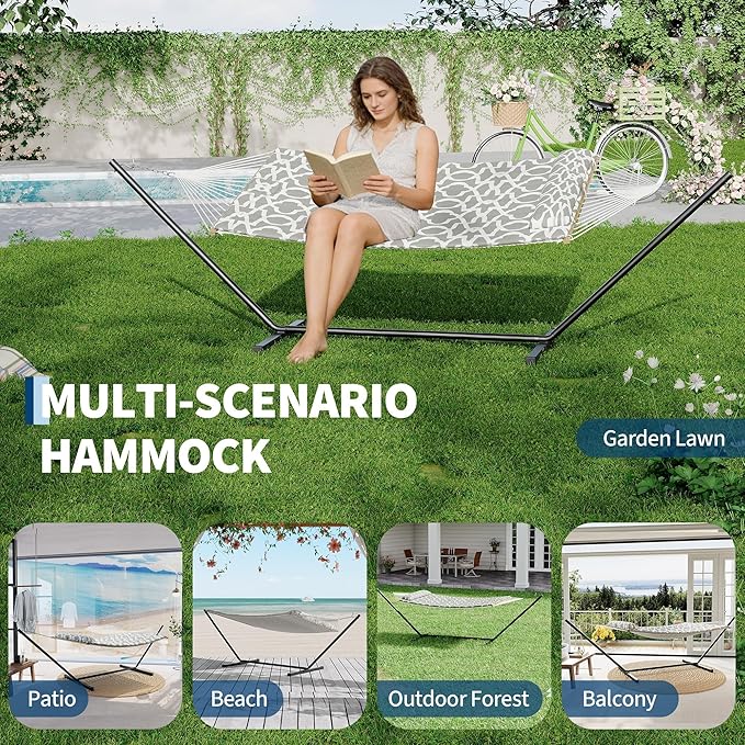 Double Hammock with Heavy-Duty Steel Stand, 2 Person Portable Hammock, 450LBS Max Weight Capacity, Easy Assembly, Ideal for Indoor, Backyard, Camping & Outdoor Use