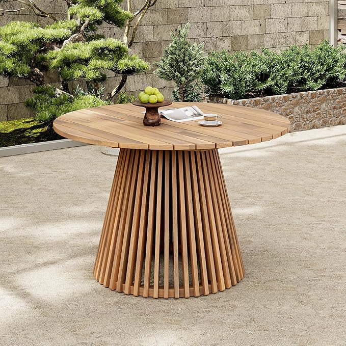 Merax Outdoor Dining Table 47.25" Round Extra-Large Acacia Wood Patio Dining Table for Backyard Lawn Balcony, Aesthetic Slat Base Design, Light Teak