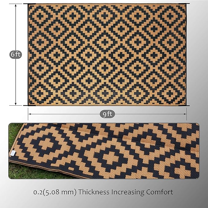 SAND MINE Reversible Mats, Plastic Straw Rug, Modern Area Rug, Large Floor Mat and Rug for Outdoors, RV, Patio, Backyard, Deck, Picnic, Beach, Trailer, Camping, Black & Brown, 6' x 9'