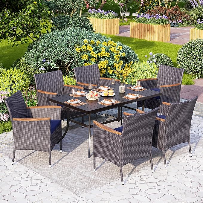 PHI VILLA 7 Piece Outdoor Dining Set for 6, 60” Rectangular Metal Steel Dining Table with Umbrella Hole & Rattan Wicker Chairs with Blue Cushions for Patio, Deck, Yard, Porch
