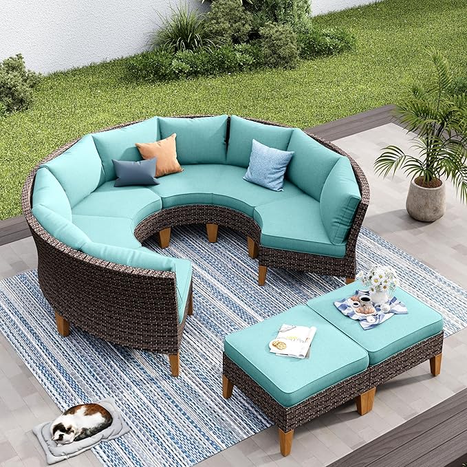 PHI VILLA 4-Piece Curved Patio Furniture Set, Half-Moon Wicker Sectional Furniture Sofa Set for 8 Seats with Cushioned 3 x Curved Sectionals and 2 x Ottoman, Aqua Blue
