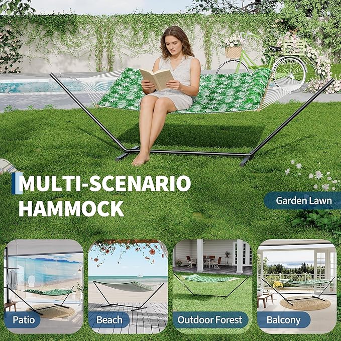 Double Hammock with Heavy-Duty Steel Stand, 2 Person Portable Hammock, 450LBS Max Weight Capacity, Easy Assembly, Ideal for Indoor, Backyard, Camping & Outdoor Use