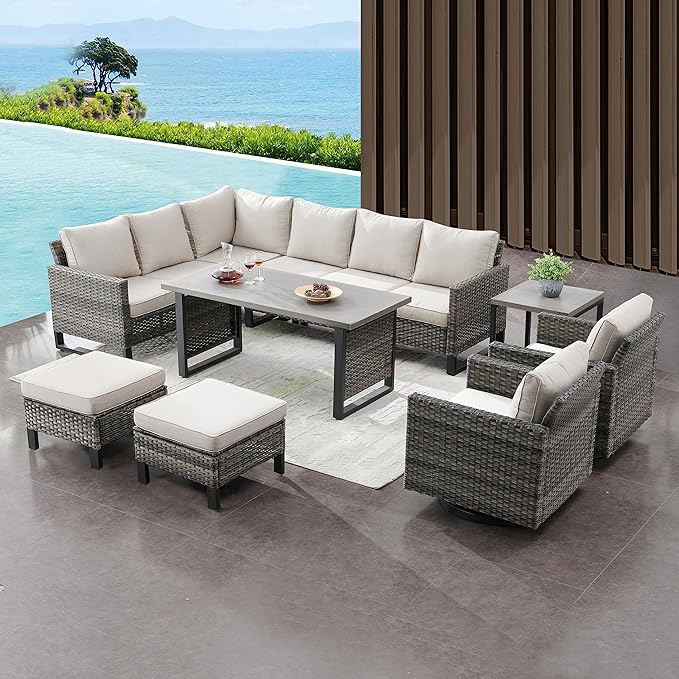 Belord Outdoor Sectional Sofa 6 Seater L Shaped Couch Wicker Patio Conversation Furniture Set with Tree-Grain Finish Metal Dining Table, Rattan Outdoor Furniture with Removable Washable Cushion Beige